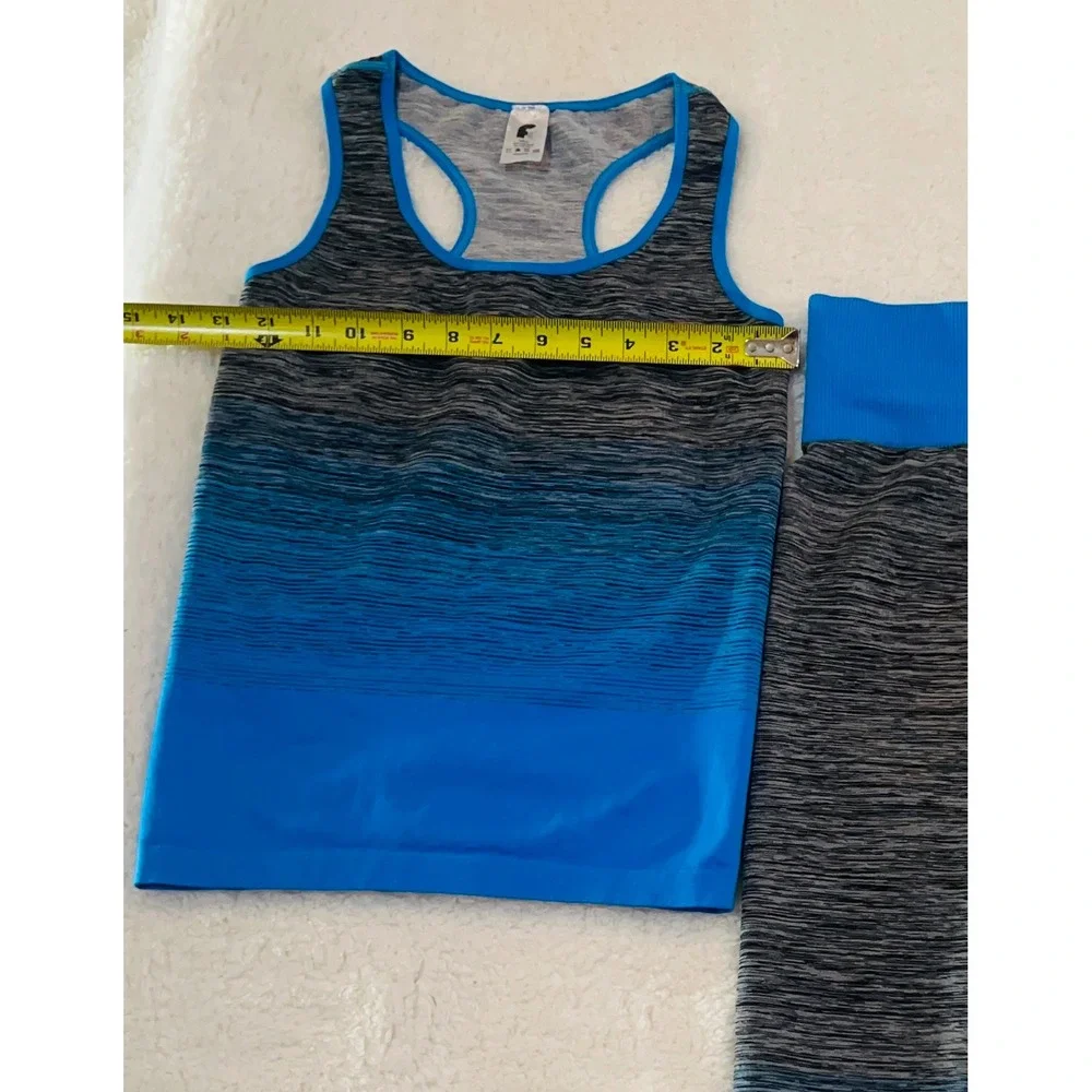 FC Activewear Womens Blue Grey Ombre Space Dye Seamless Tank and Leggings Set